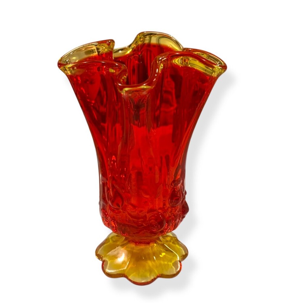 VTG Fenton‎ Glass Amberina Stretch Ruffled Vase 6" MCM Retro Decor Collector
